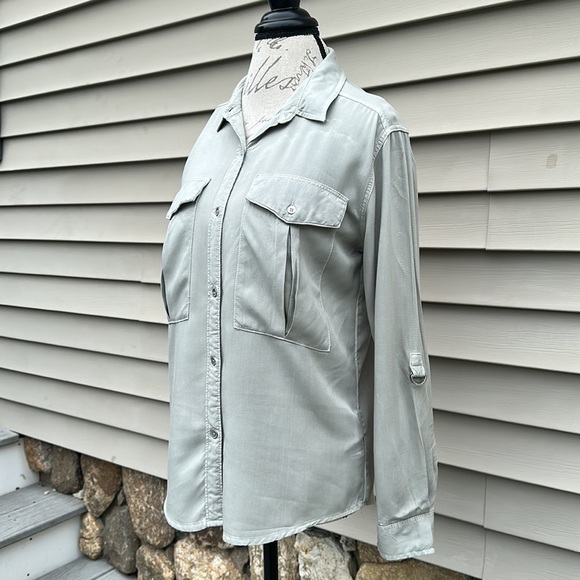 Calvin Klein Utility Roll Tab Sleeve Button Down Blouse - Tarragon Green - Picture 3 of 16